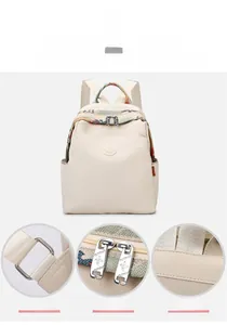 Detail of beige oxford backpack with ethnic style straps and dual zipper closure