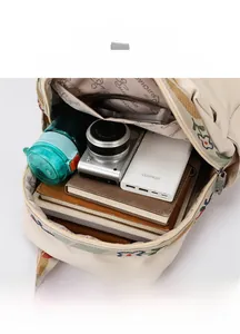 Detailed interior of a large-capacity oxford backpack holding a camera and notebooks