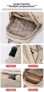 Detail view of large capacity beige oxford backpack with multiple storage compartments
