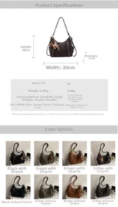 Detailed dimension chart showing PU leather handbag size 30x20x11cm and bear charm