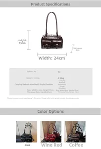 Detailed size specifications and color options for the vintage PU leather shoulder bag