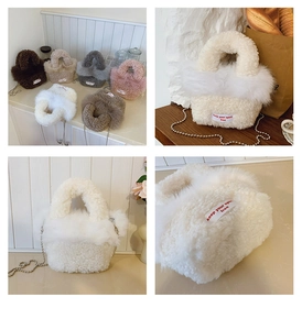 Detail of plush bucket bag with fuzzy trim and metallic chain in a cozy setting
