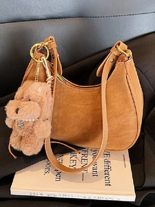 Women Vintage PU Hobo Shoulder Bag With Plush Bear Pendant Retro Dumpling Underarm Bag Casual Crossbody Handbag For Daily Use