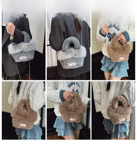 Multiple views of a soft faux fur crossbody bag with letter patch and chain strap