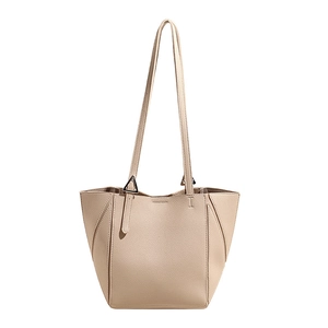 Minimalist beige lychee grain leather tote bag with unique side pleats and slim straps