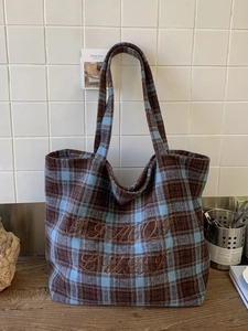 Vintage checkered embroidery tote bag in brown and blue with large capacity for women
