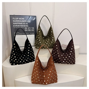 Group display of four rivet hobo bags in black, green, coffee, and caramel colors