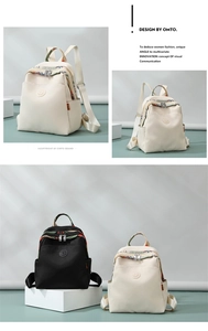 Detailed view of black and beige Oxford backpacks with vintage floral patterns and round logo