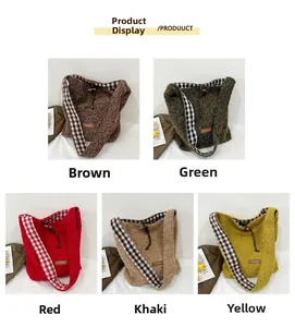 Selection of plush tote bags in five colors with checkered straps and horn buttons