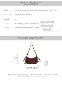 Fiche technique d'un sac demi-lune marron avec bandoulière en chaîne et pendentif en perles