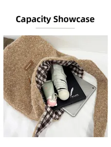 Interior capacity of brown plush tote bag showing tablet and umbrella storage