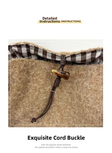 Detail of wool tote bag featuring a resin horn buckle and checkered fabric lining
