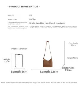 Detailed size specifications for brown PU bucket bag with iPhone 16 Pro Max comparison