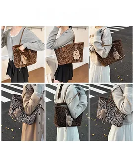 Lifestyle shots showing leopard print tote bags in brown and monochrome with bear charms