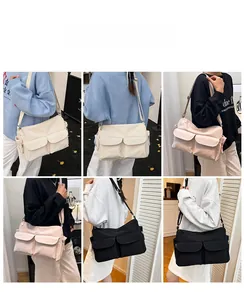 Multi-angle view of crossbody nylon bag with two front pockets in beige, pink, and black