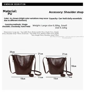 Detailed size chart for vintage PU leather bucket bags showing dimensions and strap length