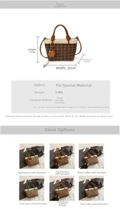 Detail view of plush plaid bucket bag with product dimensions and color variant guide