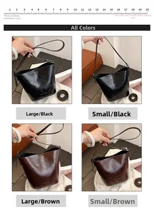 Detailed view of bucket bags in black and brown colors with two size comparisons