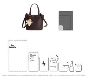 Detail view of brown bucket bag capacity showing space for phone umbrella and wallet