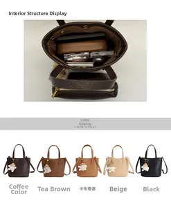 Detailed view of spacious interior and five colors of the textured leather bucket bag