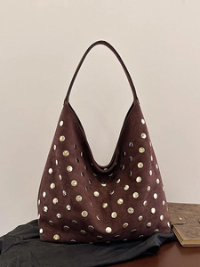 Vintage large brown tote bag with gold rivets decoration and bohemian suede hobo design