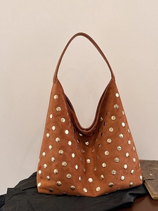 Vintage brown suede tote bag with golden studs and large capacity for women