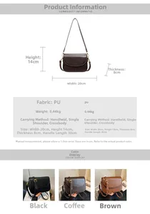 Detailed size chart and multi-color options for the stylish PU leather flap crossbody bag