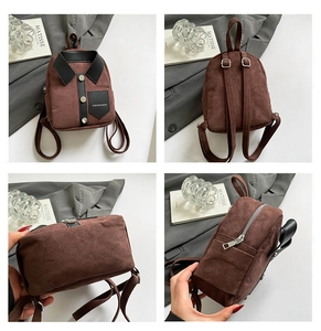 Detail view showing four angles of a brown suede mini backpack with shirt collar design