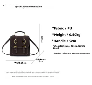 Detailed size and specification chart for the vintage brown PU leather backpack