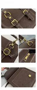 Detail view of brown lychee grain leather bag with gold hardware and white stitching