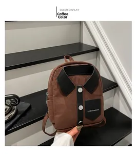 Detailed view of coffee brown suede mini backpack featuring creative shirt collar design