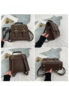 Detailed four-angle views of a dark brown vintage backpack with gold hardware and white stitching