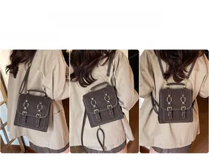 Detailed views of a dark brown mini leather backpack with gold buckles and straps