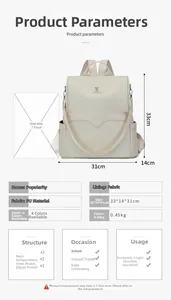 Detailed size chart for cream travel backpack with iPad mini comparison and dimensions