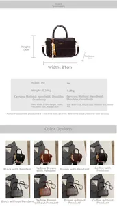Size guide for PU leather crossbody bag showing dimensions 21x13x5cm and various colors