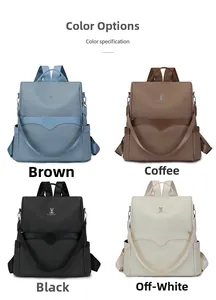 Detail showing four colors of diamond-quilted backpacks: blue, brown, black, and beige