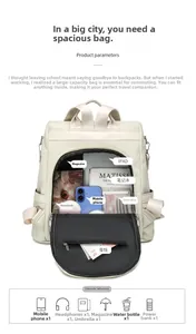 Detail view of large capacity beige backpack showing inner pockets with iPad and accessories