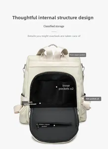 Detailed interior of a beige travel backpack showing various functional storage compartments