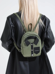Army green shirt-shaped mini backpack for women with black collar and silver buttons detail