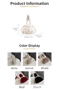 Détail des sacs seaux en peluche en cinq couleurs avec dimensions du produit