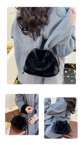Vue détaillée du sac seau en fausse fourrure noire avec texture peluche et bandoulière