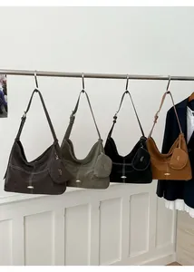 Detail view of large tote bags in four retro colors with matching small zip pouches