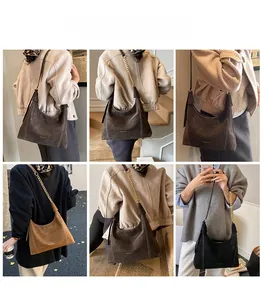 Collage of model wearing half-moon shoulder bags in brown, tan, and black suede
