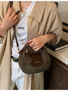 Retro hobo shoulder bag in brown and olive green suede leather for daily outfits