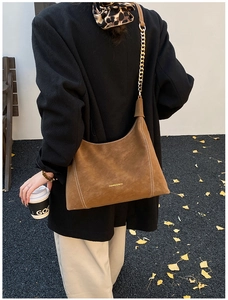 Detailed back view of vintage brown suede crossbody bag with gold chain and strap