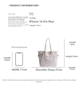 Size comparison of a beige nylon tote bag with iPhone showing its large capacity dimensions
