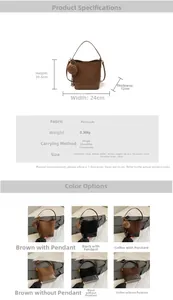 Detailed size chart for the faux suede bucket bag with dimensions and strap length