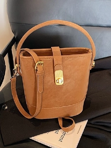 Minimalist PU Leather Bucket Bag For Women Vintage Matte Topstitching Crossbody Bag Gold Metal Lock Handbag Shoulder Bag