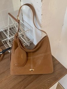 Caramel suede tote bag with contrast stitching and matching coin purse charm