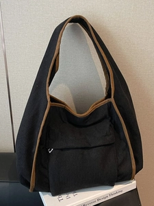 Large Capacity Corduroy Tote Bag For Women Contrast Trim Hobo Shoulder Bag Front Zipper Pocket Retro School Commuter Bag